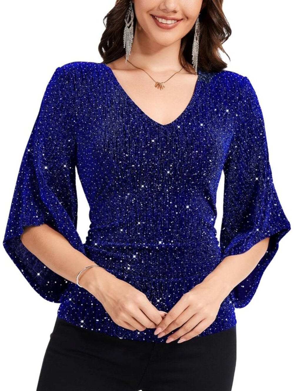 Women's Blue V Neck Glitter Sparkly Blouse Shiny 3/4 Sleeve Cocktail Party Top